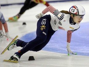 In this Nov. 13, 2016, file photo, Shim Suk-hee, from South Korea, races during the women's 1,500-metre finals at a World Cup short track speedskating event at the Utah Olympic Oval in Kearns, Utah. (AP Photo/Rick Bowmer, File)