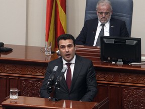 Prime Minister Zoran Zaev speaks during a session of the Macedonian Parliament in the capital Skopje, Wednesday, Jan. 9, 2019.  (AP Photo/Boris Grdanoski)