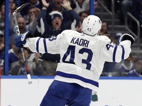 Toronto Maple Leafs center Nazem Kadri (43) celebates his goal against the Tampa Bay Lightning during the first period of an NHL hockey game, Thursday, Jan. 17, 2019, in Tampa, Fla. (AP Photo/Chris O'Meara)