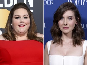 This combination photo shows Chrissy Metz at the 76th annual Golden Globe Awards in Beverly Hills on Jan. 6, 2019, left, and Alison Brie at Porter's 3rd Annual Incredible Women Gala in Los Angeles on Oct. 9, 2018.