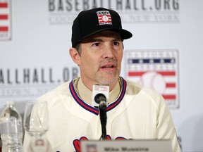 Baseball Hall of Fame inductee Mike Mussina speaks during news conference Wednesday, Jan. 23, 2019, in New York. (AP Photo/Frank Franklin II)