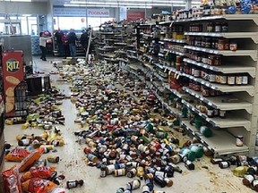 A mess left after a vehicle smashed through the front entrance of a Foodland grocery store in Saulnierville, N.S. is seen on Friday, January 25, 2019 in this handout photo.