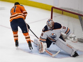 Milan Lucic scores on goalie Mikko Koskinen during king of the shootout at the Oilers skills competition on Sunday, Jan. 13, 2019 in Edmonton.