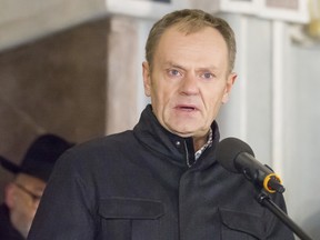 President of the European Council Donald Tusk speaks during a "Manifestation Against Hate and Violence" in Gdansk, Poland, Monday, Jan. 14, 2019. Mayor of Gdansk Pawel Adamowicz died of wounds inflicted by a knife attack on Sunday evening. (AP Photo/Wojciech Strozyk)