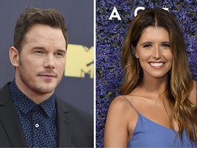 This combination of file photos shows Chris Pratt at the MTV Movie and TV Awards on June 16, 2018, in Santa Monica, Calif., left, and Katherine Schwarzenegger at Caruso's Palisades Village opening gala on Sept. 20, 2018, in Los Angeles, right.