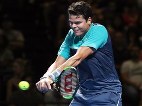 Milos Raonic plays a backhand during the Fast4Showdown at Qudos Bank Arena on January 7, 2019 in Sydney, Australia. (Brendon Thorne/Getty Images)