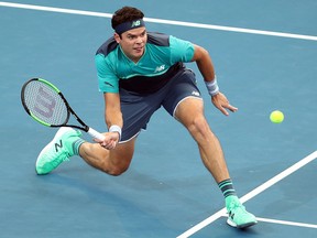 Milos Raonic plays a forehand in his match against Daniil Medvedev during the Brisbane International at Pat Rafter Arena on January 4, 2019 in Brisbane, Australia. (Chris Hyde/Getty Images)