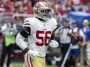 In this Oct. 28, 2018, file photo, San Francisco 49ers' Reuben Foster (56) jogs on the field during a game against the Arizona Cardinals in Glendale, Ariz. (AP Photo/Darryl Webb, File)