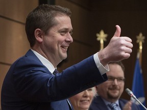 Conservative Leader Andrew Scheer gives the thumbs up as he addresses the Conservative caucus on Parliament Hill in Ottawa on Sunday, Jan. 27, 2019.