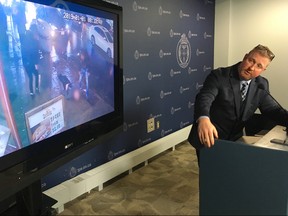 Det. Scott Allan, of 14 Division, describes the brutal New Year's Day attack of lawyer Dave Shellnutt, 36, while releasing video footage of the incident at Toronto Police Headquarters on Thursday, Jan. 17, 2019. (Chris Doucette/Toronto Sun/Postmedia Network)