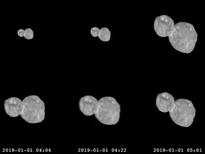 This combination of images provided by NASA shows a series of photographs made by the New Horizons spacecraft as it approached the Kuiper belt object Ultima Thule on Jan. 1, 2019. (NASA/Johns Hopkins University Applied Physics Laboratory/Southwest Research Institute via AP)