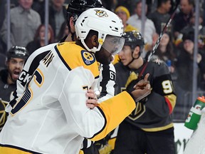 P.K. Subban of the Nashville Predators reacts after appearing to injure his finger against the Vegas Golden Knights at T-Mobile Arena on January 23, 2019 in Las Vegas. (Ethan Miller/Getty Images)