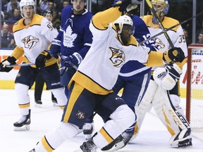 Predators’ P.K. Subban celebrates after scoring against the Leafs at Scotiabank Arena last night.   /Toronto Sun