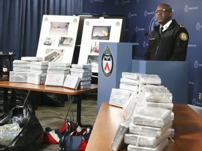 Toronto Police Chief Mark Saunders with street drugs alleged to have been seized in Project Sparta on Friday Jan. 25, 2019.