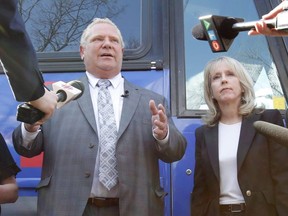 Premier Doug Ford and Ontario Training, Colleges and Universities Minister Merrilee Fullerton are pictured during the provincial election campaign. THE CANADIAN PRESS/ Patrick Doyle