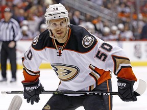 In this Jan. 14, 2017, file photo, Anaheim Ducks centre Antoine Vermette pauses before a faceoff against the Arizona Coyotes in Glendale, Ariz. (AP Photo/Ross D. Franklin, FIle)