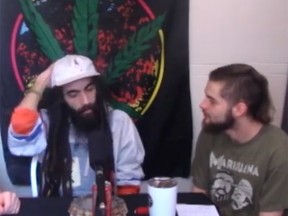 Zach Poitras, left, on the T'es-Tu High? podcast with Francois Quirion. Poitras was excluded from a comedy show because of his dreadlocks.