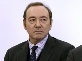 Actor Kevin Spacey stands in district court during arraignment on a charge of indecent assault and battery on Monday, Jan. 7, 2019, in Nantucket, Mass.