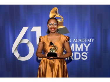 LOS ANGELES, CA - FEBRUARY 10:  Cécile McLorin Salvant poses with her award at the 61st Annual GRAMMY Awards Premiere Ceremony at Microsoft Theater on February 10, 2019 in Los Angeles, California.