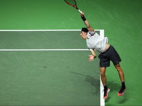 Denis Shapovalov of Canada serves to Stan Wawrinka of Switzerland in their quarter final match during Day 5 of the ABN AMRO World Tennis Tournament at Rotterdam Ahoy on February 15, 2019 in Rotterdam, Netherlands. (Photo by /)