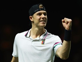 Denis Shapovalov of Canada celebrates a point against Stan Wawrinka of Switzerland in their quarter final match during Day 5 of the ABN AMRO World Tennis Tournament at Rotterdam Ahoy on February 15, 2019 in Rotterdam, Netherlands.