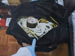 Handout image from Bruce McArthur sentencing hearing -- duffel bag of murder tools.