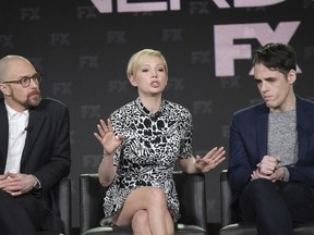 Sam Rockwell, from left, Michelle Williams and Steven Levenson participate in the "Fosse/Verdon" panel during FX TCA Winter Press Tour on Monday, Feb. 4, 2019, in Pasadena, Calif.
