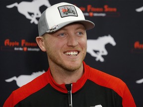 Bo Levi Mitchell speaks to members of the media in Calgary, on Tuesday February 12, 2019, after announcing he has signed with the Calgary Stampeders.