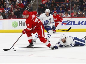Toronto Maple Leafs defenseman Jake Muzzin (8) tries to poke the puck from Detroit Red Wings centre Dylan Larkin (71) in the second period of an NHL hockey game, Friday, Feb. 1, 2019, in Detroit. (AP Photo/Paul Sancya)
