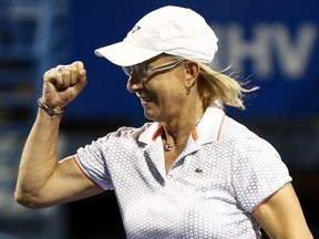 Martina Navratilova reacts during an exhibition match during Day 4 of the Connecticut Open at Connecticut Tennis Center at Yale on August 21, 2017 in New Haven, Connecticut.