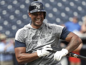 New York Yankees' Aaron Hicks smiles after taking batting practice at the Yankees spring training facility, Thursday, Feb. 21, 2019, in Tampa, Fla. (AP Photo/Lynne Sladky)
