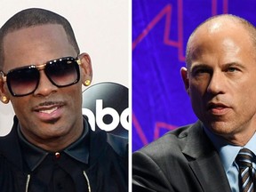 This combination of pictures created on February 14, 2019 shows R. Kelly (L) arriving for the 2013 American Music Awards at the Nokia Theatre L.A. Live in downtown Los Angeles, California, November 24, 2013; and attorney Michael Avenatti (R) speaking at the 'How to Beat Trump' panel at the 2018 Politicon in Los Angeles, California on October 20, 2018. - Michael Avenatti, who represents a porn star locked in a legal fight with Donald Trump, said Thursday, February 14, 2019 his office has new footage of superstar R. Kelly having sex with a minor. The high-profile lawyer said his team discovered the graphic tape as representatives of multiple clients linked to accusations against Kelly, who has faced allegations of sexual assault for decades. (Photos by Frederic J. BROWN and Mark RALSTON / AFP)FREDERIC J. BROWN,MARK RALSTON/AFP/Getty Images)