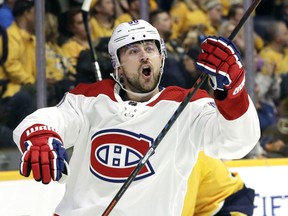 Canadiens forward Tomas Tatar celebrates after scoring a goal against the Predators during third period of game in Nashville on Feb. 14, 2019.