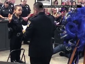 Abigail Arias is seen being sworn in as an honorary police officer in Freeport, Texas.