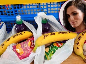 Messages are pictured, written on bananas by Meghan, Duchess of Sussex when she was helping to prepare food parcels to go in the charity outreach van during the Royal couple's visit to One25 charity in Bristol, south west England on Feb. 1, 2019. (TOBY MELVILLE/AFP/Getty Images and Getty Images file photo)