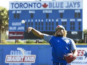 Toronto Blue Jays infielder Vladimir Guerrero Jr. warms up during baseball spring training in Dunedin, Fla., on Saturday, Feb. 16, 2019.