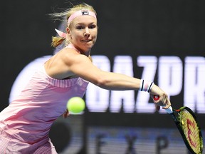 Netherlands' Kiki Bertens plays a backhand return to Croatia's Donna Vekic during their women's singles final match at the St. Petersburg Ladies Trophy tennis tournament at The Sibur Arena in Saint Petersburg on Feb. 3, 2019.