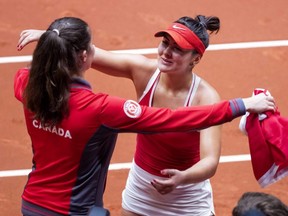 Canada's Bianca Andreescu celebrates with a teammate after winning her Fed Cup World Group II first round tennis match against Netherlands' Arantxa Rus on Feb. 10, 2019.