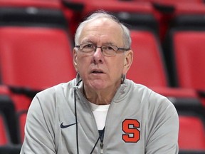In this March 15, 2018, file photo, Syracuse head coach Jim Boeheim watches during a practice in Detroit.