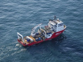 This undated photo issued by Jon Le Ray@jonnersleray on Tuesday Feb. 5, 2019, shows the Geo Ocean III specialist search vessel off the coast of Alderney in the English Channel.