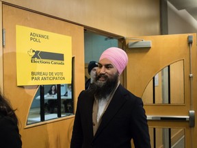 NDP Leader Jagmeet Singh leaves an advance poll after casting his ballot for the federal byelection in Burnaby South, in Burnaby, B.C., on February 15, 2019.