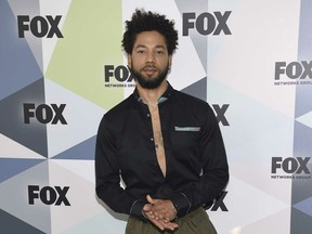 In this May 14, 2018 file photo, Jussie Smollett, a cast member in the TV series "Empire," attends the Fox Networks Group 2018 programming presentation afterparty in New York. Smollett is expressing anger over being attacked outside his Chicago apartment last month. Smollett, who plays a musician on the Fox Network's ''Empire'' talked about his ordeal during an interview with ABC News' Robin Roberts to be broadcast Thursday on "Good Morning America." He alleges he was the victim of an attack on Jan. 29 by two masked men who shouted racial and homophobic slurs at him.