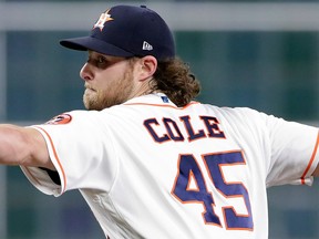 In this Sept. 2, 2018, file photo, Houston Astros starting pitcher Gerrit Cole throws against the Los Angeles Angels during the first inning of a baseball game, in Houston.