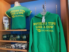 This undated photo provided by Will Rogers World Airport shows T-shirts for sale at the airport in Oklahoma City, Okla. (Will Rogers World Airport via AP)