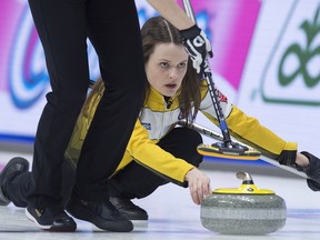Manitoba skip Tracy Fleury releases a rock as they play British Columbia at the Scotties Tournament of Hearts at Centre 200 in Sydney, N.S. on Sunday. Fleury’s East St. Paul team fell to 0-2 after suffering a 7-5 loss at the hands of British Columbia.