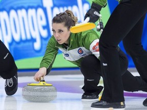 Saskatchewan skip Robyn Silvernagle releases a rock as they play the Wild Card team at the Scotties Tournament of Hearts at Centre 200 in Sydney, N.S. on Monday, Feb. 18, 2019. Saskatchewan won 8-6.
