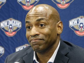 In this May 12, 2015, file photo, New Orleans Pelicans general manager Dell Demps speaks during a news conference at the team's practice facility in Metairie, La.