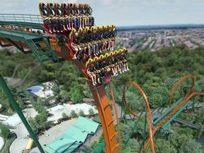 Artist's rendering of Yukon Striker, a new dive coaster set to open this spring at Canada's Wonderland in Vaughan, Ont.