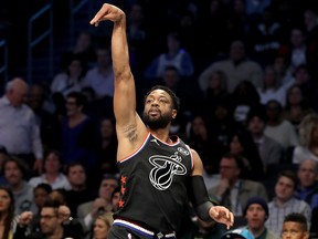 Dwyane Wade of the Miami Heat and Team LeBron follows through on a 3-point shot against Team Giannis in the first quarter during the NBA All-Star game as part of the 2019 NBA All-Star Weekend at Spectrum Center on Feb. 17, 2019 in Charlotte, N.C.