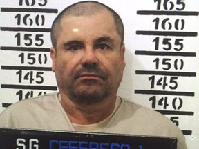 In this Jan. 8, 2016, file image released by Mexico's federal government, Mexico's most wanted drug lord, Joaquin "El Chapo" Guzman, stands for his prison mug shot with the inmate number 3870 at the Altiplano maximum security federal prison in Almoloya, Mexico.